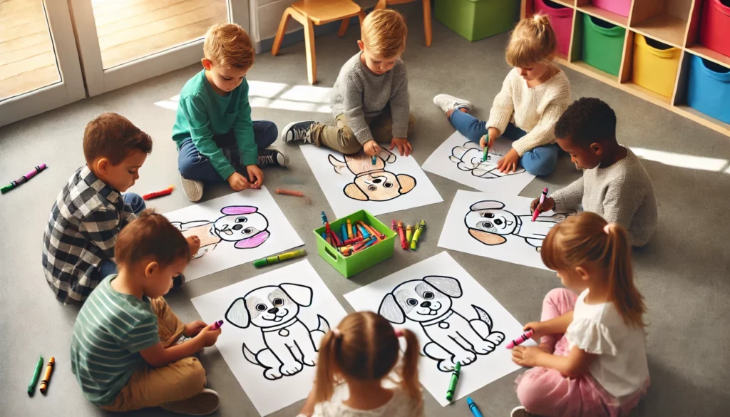 Dall·e 2024 10 30 21 04 25 a small group of preschoolers sitting in a circle on the classroom floor, each with a large, simple puppy coloring page they’re concentrating on diff