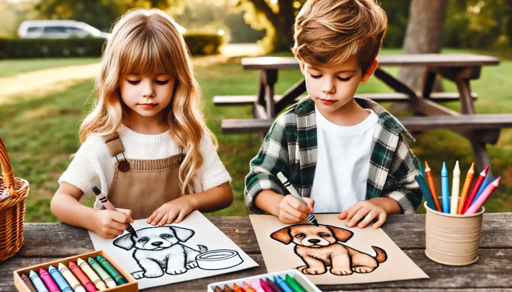 Dall·e 2024 10 30 21 05 40 a young girl and boy sitting together on a picnic bench in a park, each with a puppy coloring page the girl colors the puppy’s ears, while the boy sh