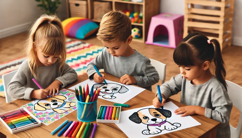 Dall·e 2024 10 30 21 06 06 three friends seated around a table in a playroom, each with a different puppy coloring page in front of them one child carefully fills in a puppy’s