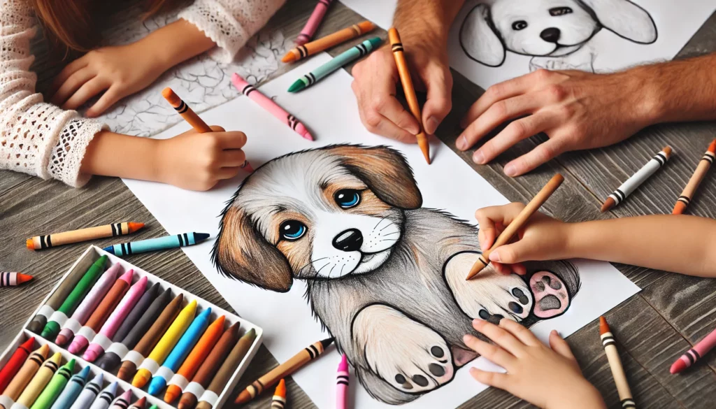 Dall·e 2024 10 30 21 06 49 a close up of three children’s hands, each coloring different parts of a large puppy page, with one working on the puppy’s fur, another the background