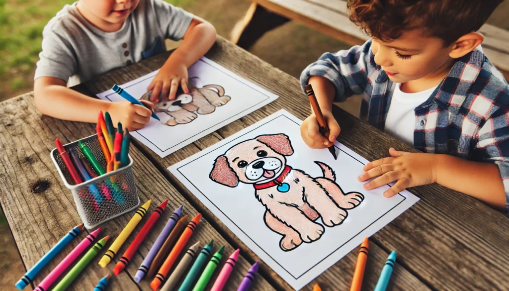 Dall·e 2024 10 30 21 06 57 a wide view of two kids sitting at a picnic table with puppy coloring pages in front of them one child colors the puppy’s collar red, while the other