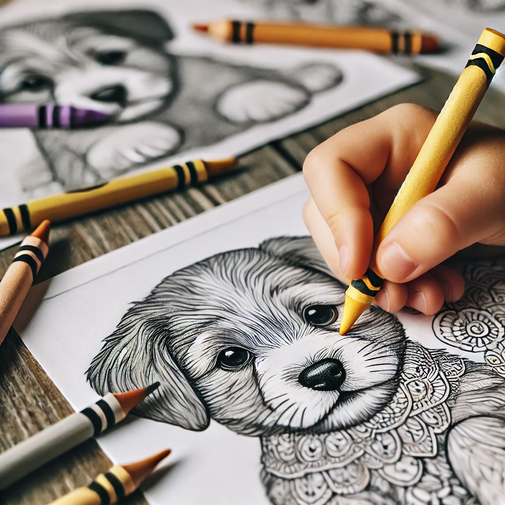 Dall·e 2024 10 30 21 18 06 a close up of a child’s hands holding a yellow crayon, filling in a puppy’s collar on a detailed coloring page other partially completed pages with p