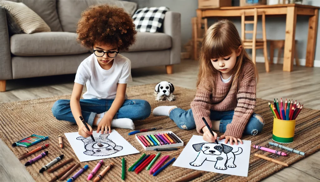 Dall·e 2024 10 30 21 18 12 two young kids, one with curly hair and the other with glasses, sitting cross legged on the living room floor, each working on a different puppy color