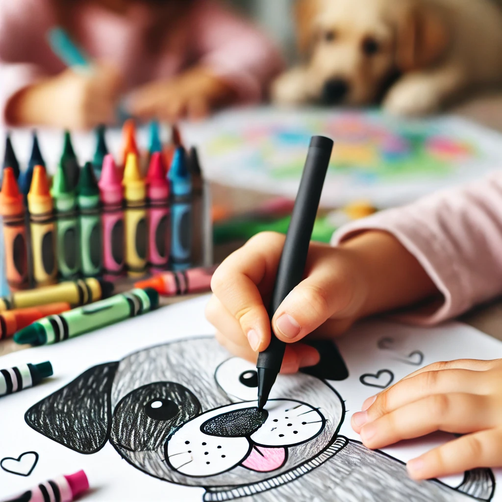 Dall·e 2024 10 30 21 18 27 a close up of a young child’s hand filling in a puppy’s nose with a black crayon, with a colorful mess of crayons and markers nearby the background s