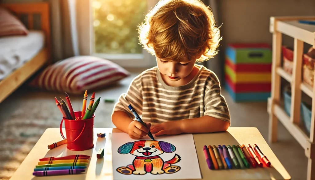 Dall·e 2024 10 30 21 19 04 a solo child around 5 years old sitting at a small desk in a sunny room, coloring a happy puppy with floppy ears and a bright red collar crayons and