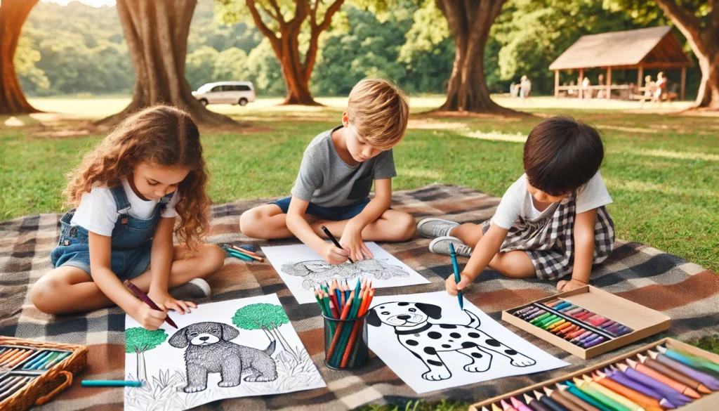 Dall·e 2024 10 30 21 20 49 three friends sitting around a large picnic blanket at the park, each working on a puppy coloring page with bright crayons in shades of brown, black,