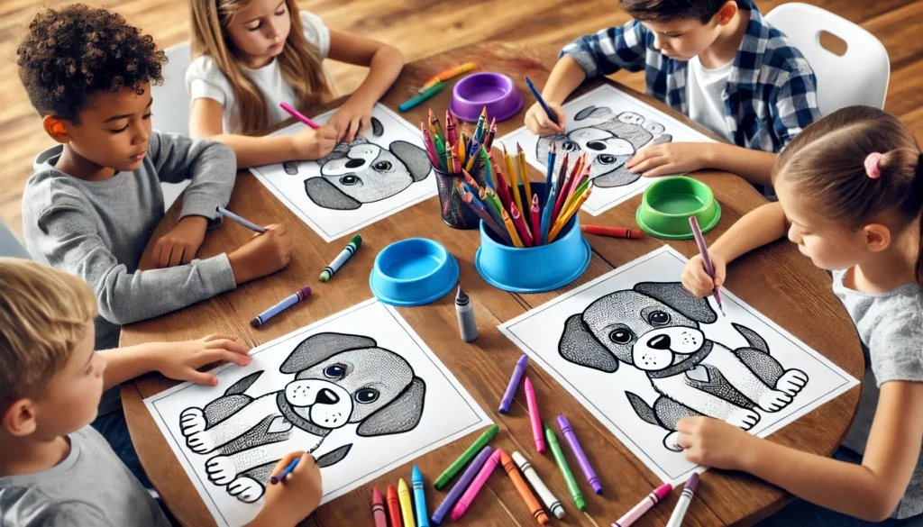 Dall·e 2024 10 30 21 20 58 a classroom setting with four kids sitting around a round table, each child adding details to their own puppy coloring pages one is shading the puppy