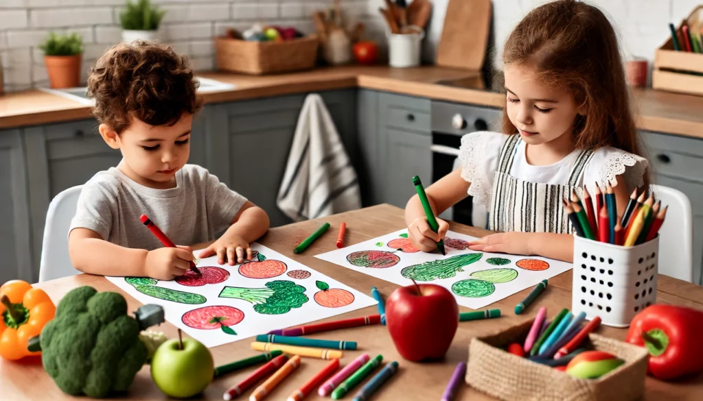 Dall·e 2024 10 31 09 44 41 two young children sitting at a kitchen table, each coloring a page with fruits and vegetables one child is shading in an apple with a red crayon, wh