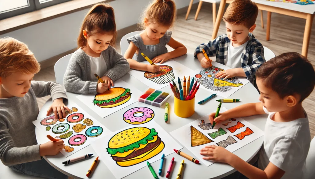 Dall·e 2024 10 31 09 44 43 a group of four children at a round classroom table, each focused on a food coloring page one child shades in a hamburger bun, another colors a banan