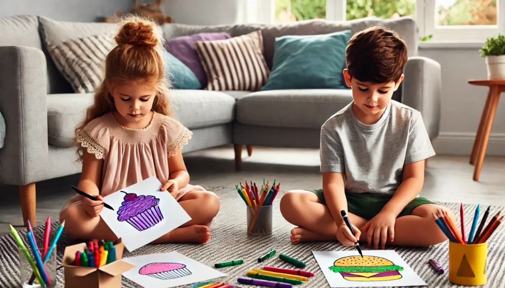 Dall·e 2024 10 31 09 44 45 two siblings, one around 5 and the other 7, sitting cross legged on the living room floor, each coloring a food themed page one is coloring a cupcake