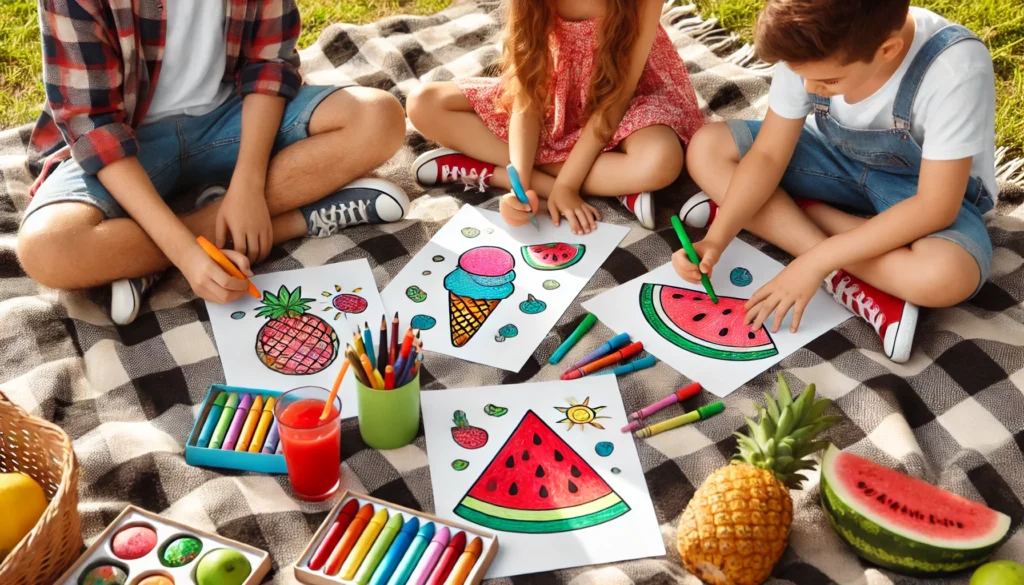 Dall·e 2024 10 31 09 44 47 three friends sitting on a large picnic blanket outdoors, each working on a food themed coloring page one child colors an ice cream cone, another a w