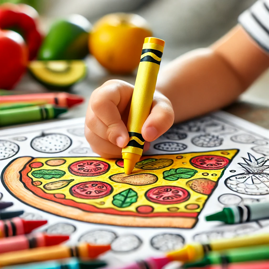 Dall·e 2024 10 31 09 44 52 a close up of a child’s hand coloring the crust of a pizza slice with a yellow crayon, with red and green crayons nearby for the toppings the backgro