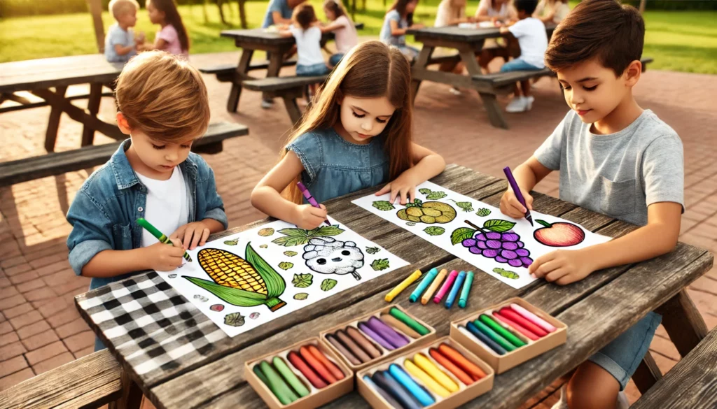 Dall·e 2024 10 31 09 44 54 three kids gathered around a picnic table at a park, each focused on their own food coloring page one child is coloring a corn cob, another a bunch o