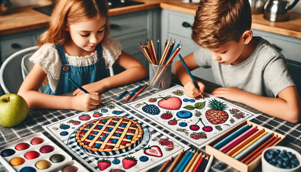 Dall·e 2024 10 31 09 44 56 a young girl and boy seated at a kitchen counter, each with a food themed page in front of them one is coloring a blueberry pie, while the other work