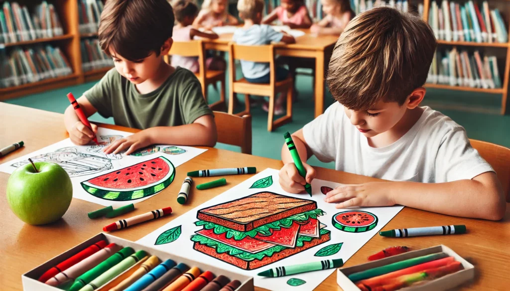 Dall·e 2024 10 31 09 44 58 two children at a library table, each coloring different foods on a large page one child fills in the layers of a sandwich, while the other colors a