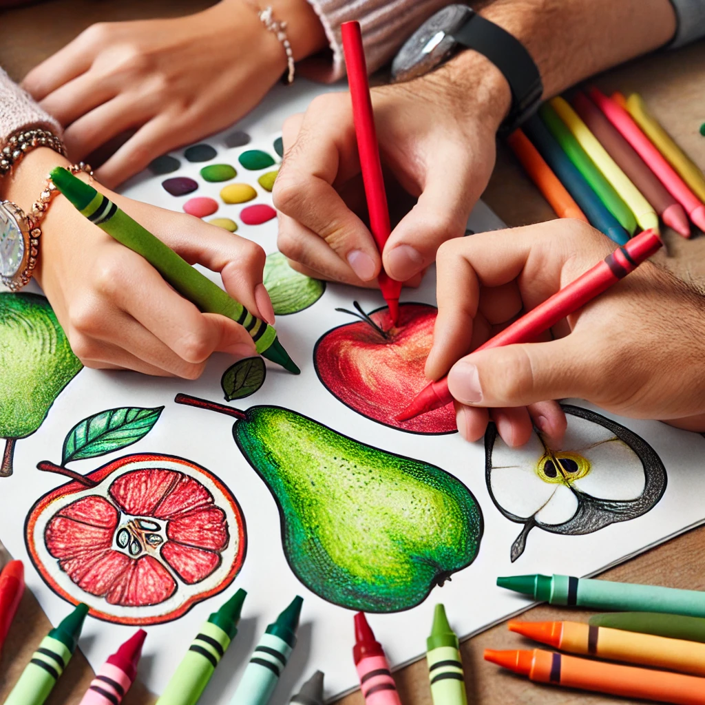 Dall·e 2024 10 31 09 45 01 a close up of two friends’ hands each working on a food coloring page, one coloring the skin of a pear in green, and the other adding red to an apple