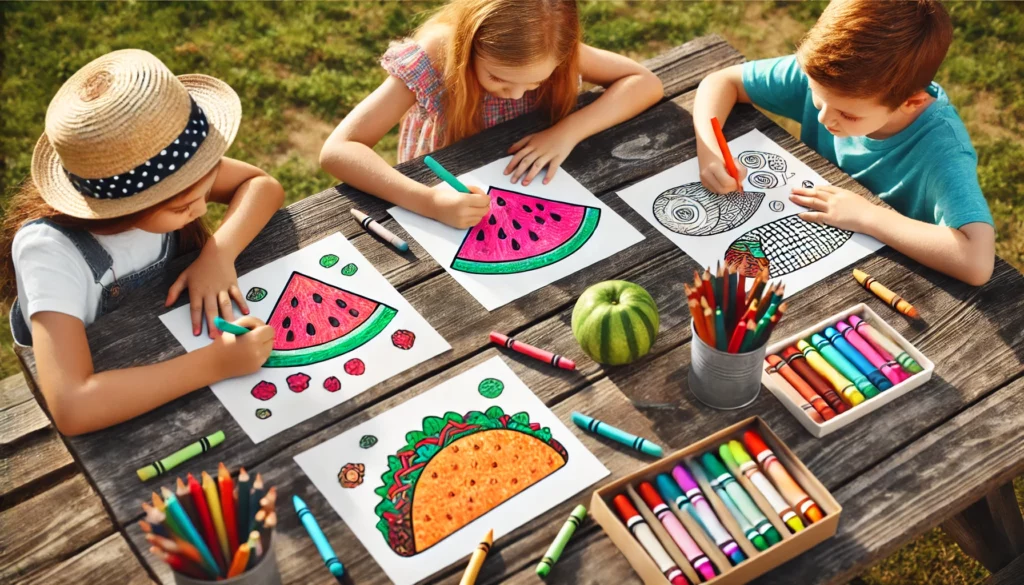 Dall·e 2024 10 31 09 57 40 a wide view of three kids seated around a large picnic table outdoors, each coloring their own food themed page one child fills in a slice of waterme