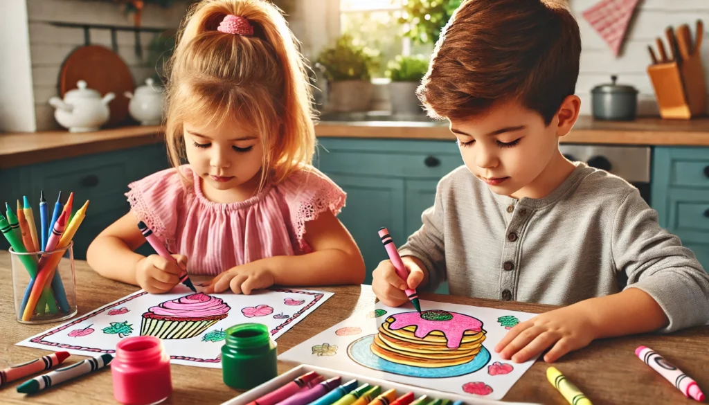 Dall·e 2024 10 31 09 57 42 two young children coloring side by side on a kitchen table, each with their own food coloring page one is focused on a cupcake, adding pink frosting