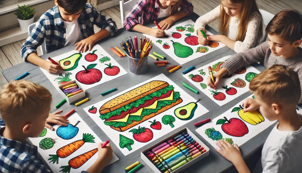 Dall·e 2024 10 31 09 57 45 a classroom scene where four kids sit around a long, low table, each engrossed in coloring different food items one child shades in the layers of a s