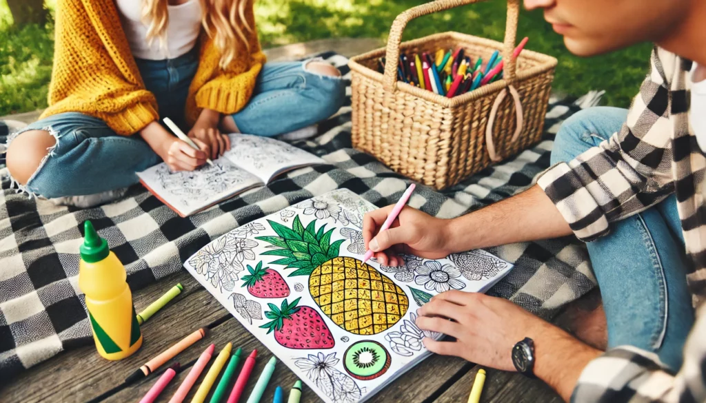 Dall·e 2024 10 31 09 57 47 a wide angle view of two friends at a picnic blanket in the park, each focused on a food themed page one is coloring a pineapple in shades of yellow