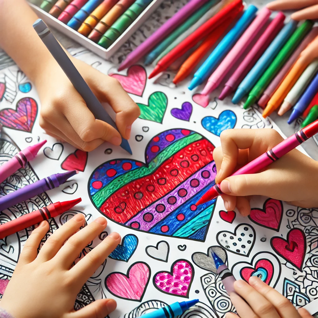 Dall·e 2024 10 31 10 33 46 a close up of three children’s hands working together on a heart filled coloring page, with one coloring a heart red, another adding purple polka dots