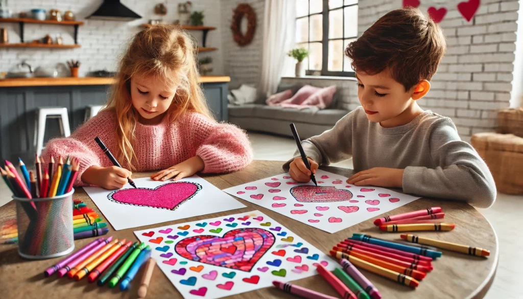 Dall·e 2024 10 31 10 33 50 two young children sitting at a round kitchen table, each coloring heart themed pages one child colors a heart in pink, while the other shades in a b