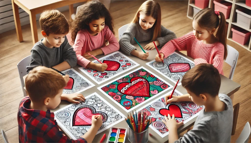 Dall·e 2024 10 31 10 34 14 a group of four kids gathered around a rectangular classroom table, each focused on their own heart themed coloring page one child shades in a large