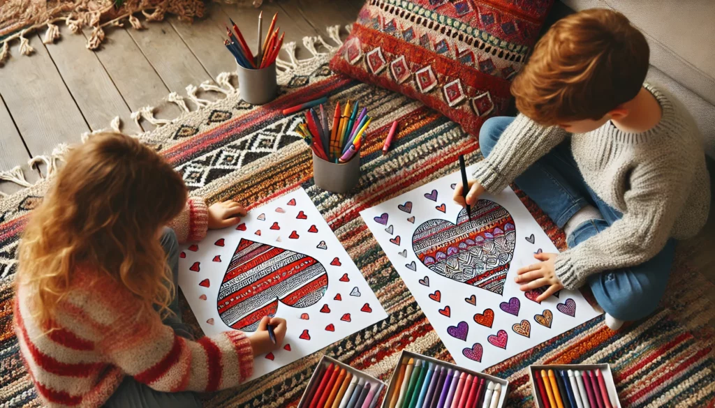 Dall·e 2024 10 31 10 34 17 two siblings coloring heart designs side by side on a cozy living room rug, each working on intricate heart patterns one colors a heart with red stri