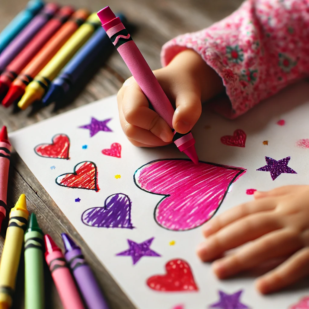 Dall·e 2024 10 31 10 34 20 a close up view of a young child’s hand coloring a heart in bright pink, with crayons in red, purple, and yellow nearby other partially colored heart