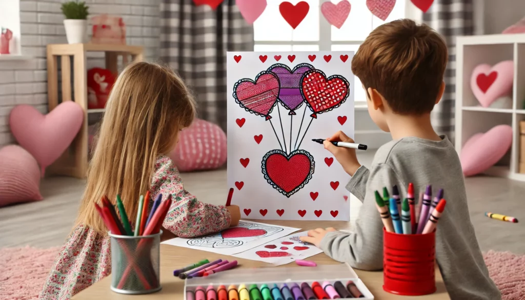 Dall·e 2024 10 31 10 37 28 two friends in a playroom, each focused on their own heart themed coloring page, one child adding red hearts inside a larger design, while the other c