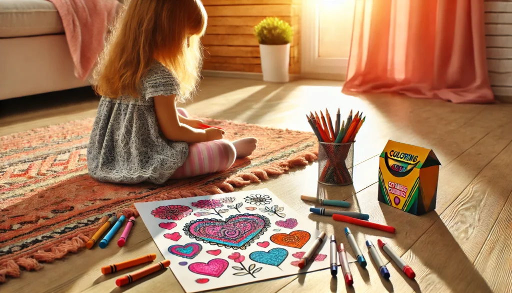 Dall·e 2024 10 31 10 50 36 a solo child sitting cross legged on the floor of a sunny room, coloring a detailed page of hearts and flowers the child’s crayons and markers in war