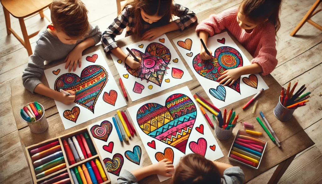 Dall·e 2024 10 31 10 50 41 three children gathered around a low table in an art classroom, each coloring heart designs one child colors a heart with bold, colorful patterns, an