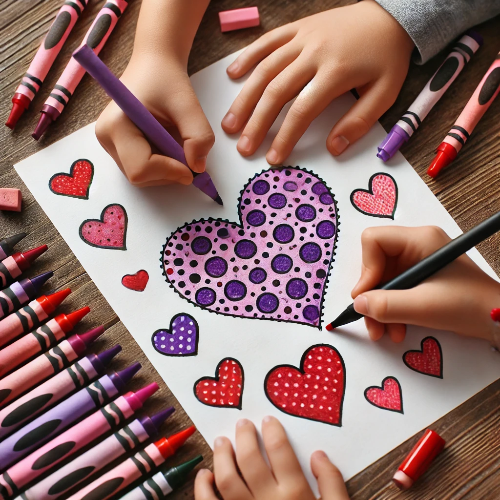 Dall·e 2024 10 31 10 50 43 a close up shot of two children’s hands, one coloring a heart with purple polka dots and the other shading a larger heart in red crayons and markers