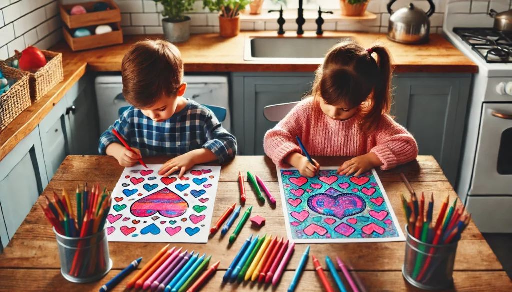 Dall·e 2024 10 31 10 50 47 two siblings seated at a kitchen counter, each working on a page of hearts and stars one colors a heart in bright pink, while the other shades a back