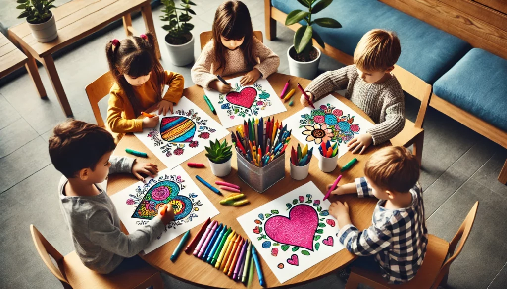 Dall·e 2024 10 31 10 50 49 four kids sitting around a round table in a library’s kids’ area, each with a heart themed coloring page one child adds dots to a heart design, anoth