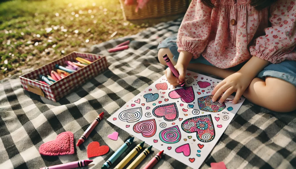 Dall·e 2024 10 31 10 50 52 a young child on a picnic blanket in a park, coloring a page of hearts and swirls they’re using crayons in pinks, reds, and yellows, with other heart