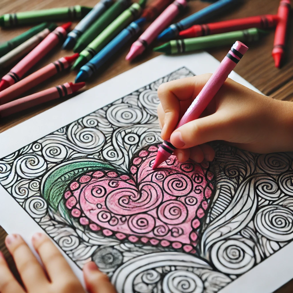 Dall·e 2024 10 31 10 55 19 a square close up of a child’s hand coloring a heart design with swirling patterns the child is using a pink crayon, with nearby reds, greens, and bl