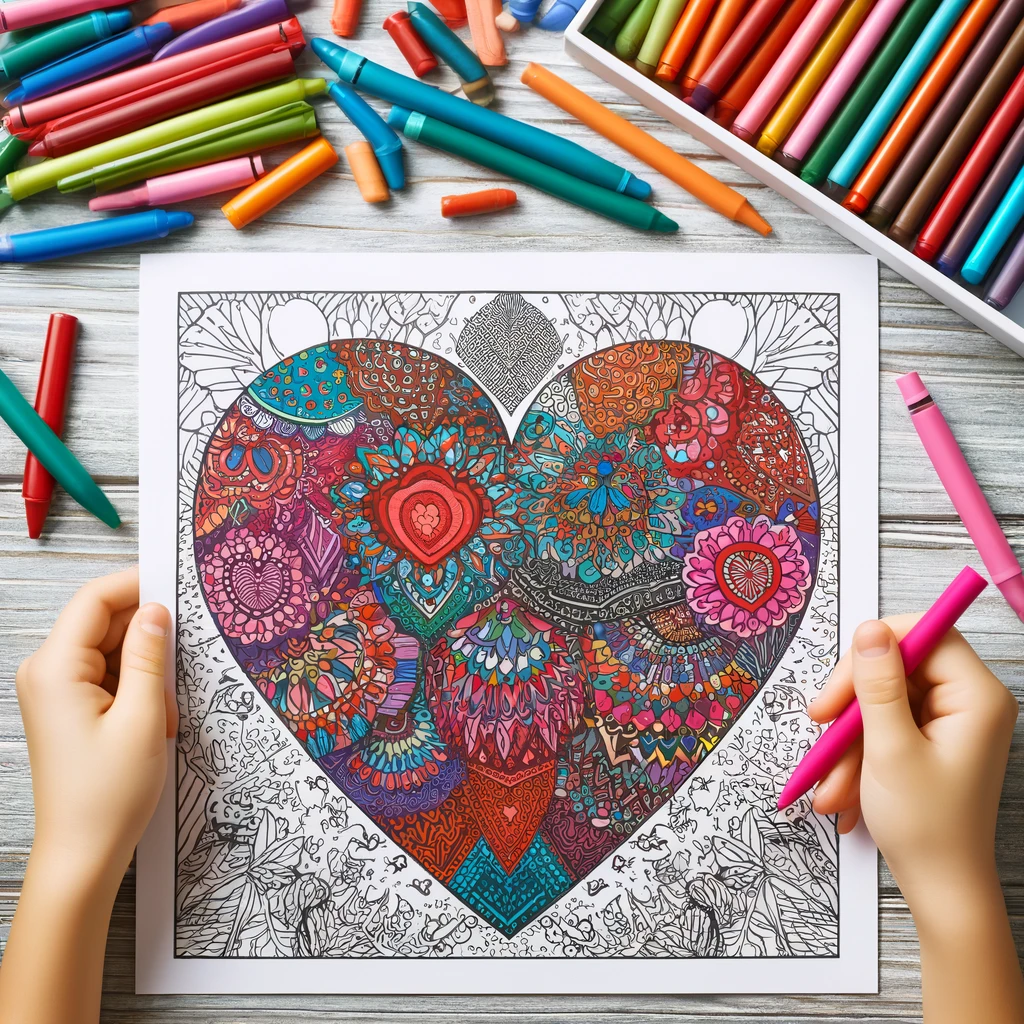 Dall·e 2024 10 31 10 56 00 a square view of a child holding up a finished heart coloring page filled with colorful patterns crayons and markers are visible on the table below,