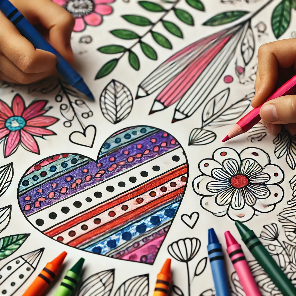 Dall·e 2024 10 31 10 56 05 a close up of two children’s hands coloring side by side, one shading in a polka dot heart and the other filling in stripes on a larger heart crayons