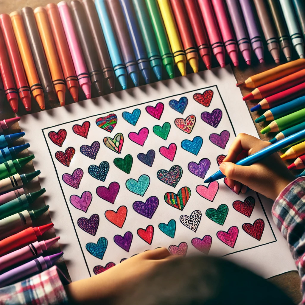 Dall·e 2024 10 31 10 56 20 a child focused on a page of small hearts in a rainbow of colors the square composition highlights the vibrant crayons and markers in rows around the