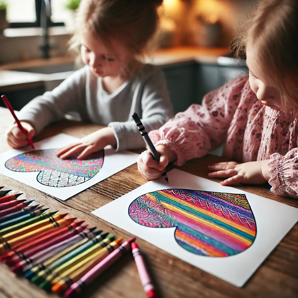 Dall·e 2024 10 31 10 57 10 two siblings seated closely at a kitchen counter, each with a different heart coloring page one child fills in the heart with pastel stripes, while t