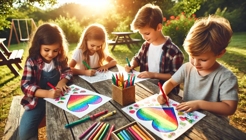 Dall·e 2024 10 31 11 07 37 four friends sitting at a picnic table outdoors, each working on heart themed coloring pages one child shades a heart with rainbow colors, another ad