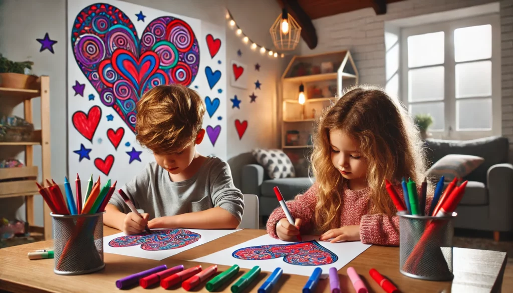 Dall·e 2024 10 31 11 07 41 a landscape view of two siblings at a small table in a playroom, each focused on coloring heart patterns with swirling designs one child colors a hea