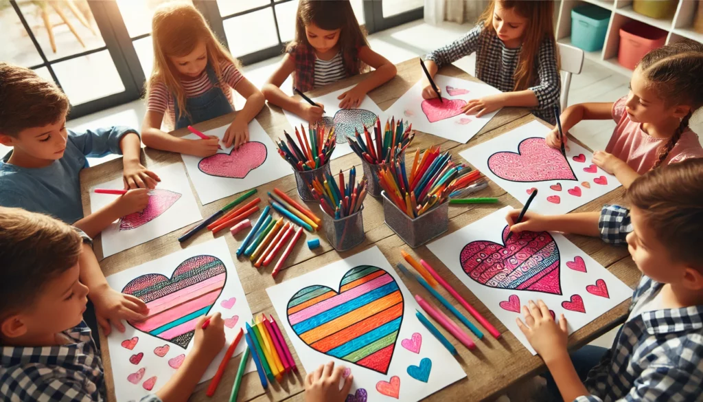 Dall·e 2024 10 31 11 07 43 a group of kids sitting around a rectangular table in an art classroom, each working on a page filled with hearts in different styles one child shade