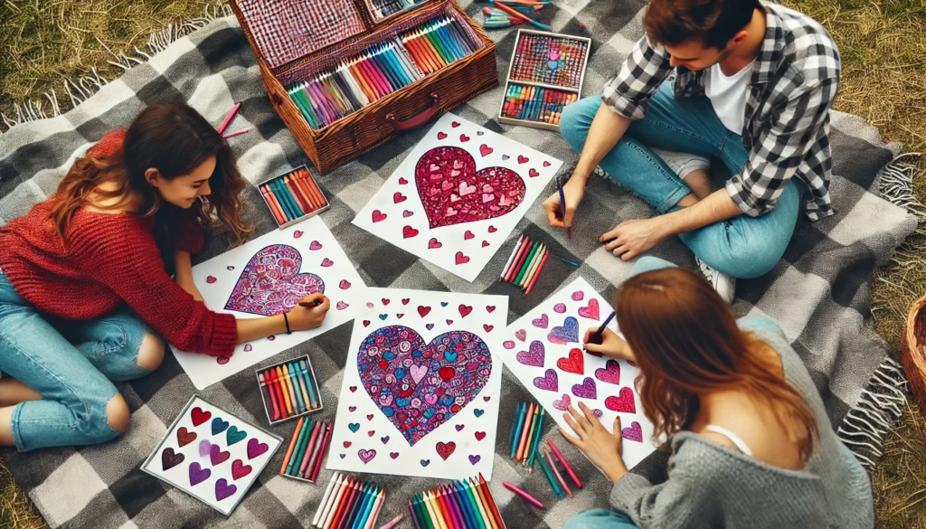 Dall·e 2024 10 31 11 07 49 three friends on a large picnic blanket, each with a heart themed coloring page one colors a big heart with red and purple crayons, another works on