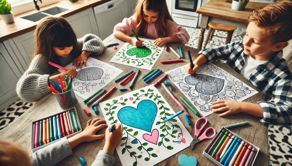 Dall·e 2024 10 31 11 07 53 a wide view of four kids coloring together at a kitchen counter, each with their own heart themed page one child colors a heart in light blue, anothe