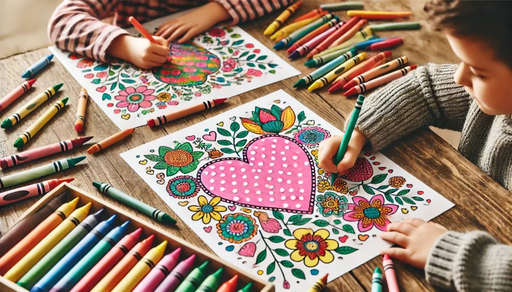 Dall·e 2024 10 31 11 09 20 a classroom setting where two kids are focused on heart coloring pages on a large table, one adding polka dots to a pink heart, while the other colors