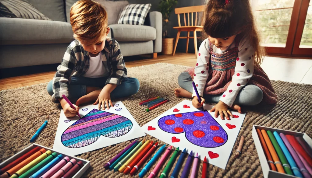 Dall·e 2024 10 31 11 11 22 a wide angle view of two children seated on a living room rug, each focused on their heart coloring pages one child shades a large heart with purple