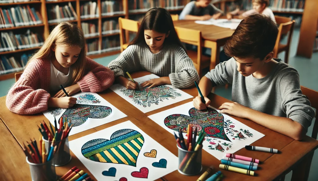 Dall·e 2024 10 31 11 11 46 three friends sitting together at a long library table, each working on their own heart themed page with intricate patterns one child colors in a hea