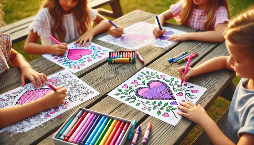 Dall·e 2024 10 31 11 15 50 a group of four kids coloring together at a long picnic table outdoors, each with a different style of heart coloring page one colors a heart in past